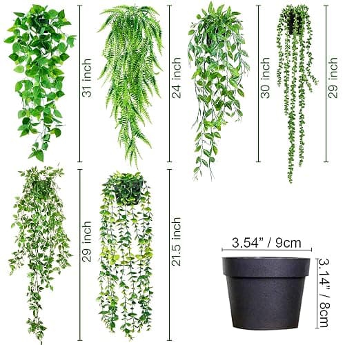 Sggvecsy Fake Hanging Plants 6 Pack Artificial Hanging Eucalyptus Plants Potted Greenery Faux Mandala Vine String of Pearls Boston Fern Ivy Vine Leaves Pea Pod for Home Indoor Outdoor Shelf Wall Decor thumbnail 3
