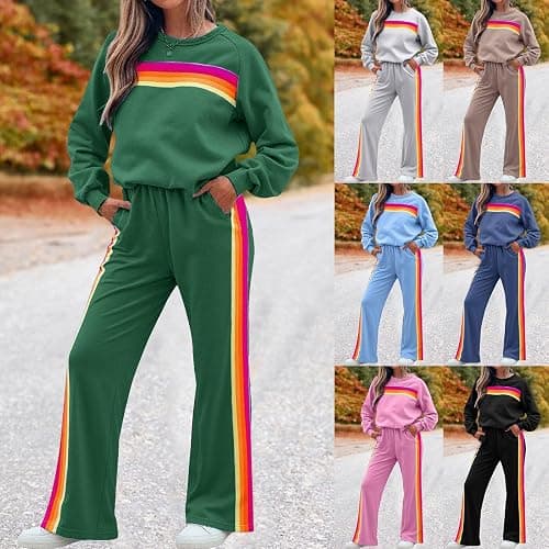 Womens 2 Piece Sets Rainbow Striped Pullover Sweatshirt High Waist Sweatpants Color Blocked Suit Lounge Matching Sweatsuit thumbnail 5