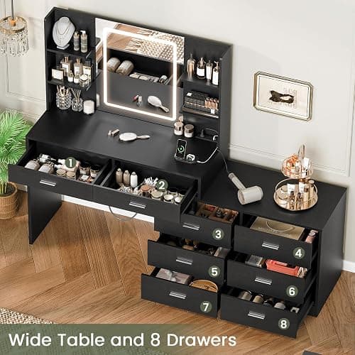 FIONESO Vanity Desk with LED Light Mirror & Power Outlet, 8 Drawers, 6 Storage Shelves, 3 Color Modes & Adjustable Brightness Makeup Vanity, Corner Vanity, L Shape Vanity, 39.4”-64.9" Desk, Black thumbnail 4
