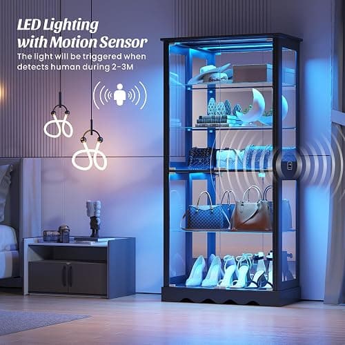 Dystler Display Cabinet with Glass Doors, RGB Lights for Collectibles | 71'' Tall with Adjustable Shelves, Human Sensor LED Lighting Curio Cabinet, Black thumbnail 4