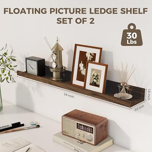 Axeman Floating Shelves for Wall - 24 Inch Picture Ledge Shelf Set of 2 - Rustic Picture Shelf for Wall with Ledge - Walnut Floating Shelves with Lip - Photo Ledge Shelves for Pictures Nursery Books thumbnail 3