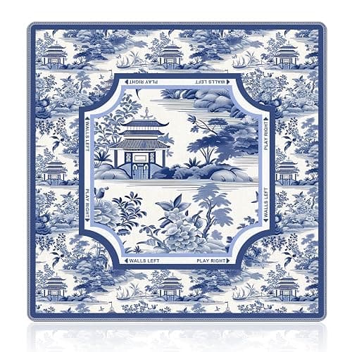 NATSUNO Blue Chinoiserie Pavilion Mahjong Mat (31.5″x31.5″), Traditional Asian Oriental Chinese Non-Slip Noise Reduction Mahjong Table Mat for American Mah Jong Poker Board Games Card Games Dominoes - Image 1
