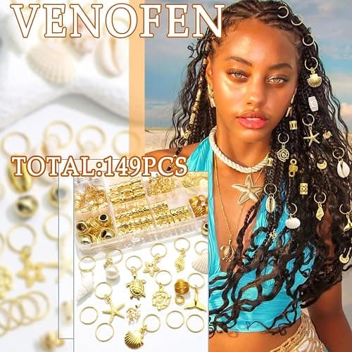 VENOFEN 149Pcs Shell Hair Jewelry Gold Loc Cuffs Rings Natural Conch Starfish Braids Clips Pearl Dreadlock Charm Hair Tube Beads Accessories for Women and Girls thumbnail 2