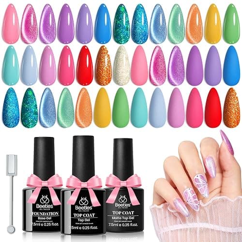 Beetles Gel Nail Polish Set, 24 Pcs 20 Colors Rainbow Pastel Neon Cat Eye Pink Purple Glitter Red Green Gel Nail Polish Kit Soak Off UV with Base Coat Top Coat Gift for Women Dreamy Wonderland - Image 1