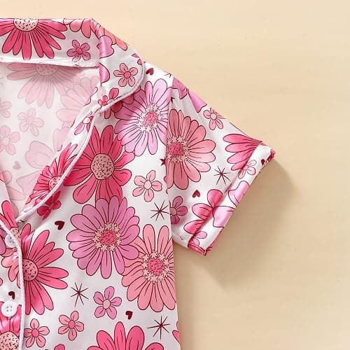 Qiylii 1-6Y Toddler Girls Floral Silk Pajamas Short Sleeve Button-Up Top Shorts Summer 2PC Flowers Satin Pajamas Set thumbnail 5