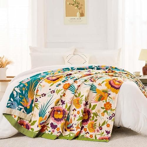 XIBLC Boho Throw Blanket for Bed, 100% Cotton Soft Rustic Quilt Fall Blanket, 60"x80" Floral Printed Farmhouse Decor Bed Blankets, All Season Rustic Reversible Bohemian Throw Quilt thumbnail 5