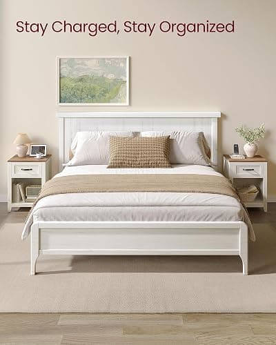 VASAGLE Farmhouse Nightstands with Charging Station, 1 Drawer, Set of 2 | Bedside Table, Side Table with Open Compartment, for Bedroom, Rustic White and Honey Brown, LIRY Collection ULET859K41 thumbnail 4