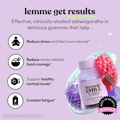 Lemme Chill Stress Relief Gummies with 300mg KSM-66 Ashwagandha, Lemon Balm, Passionflower & Goji to Support Relaxation, Healthy Cortisol & Sleep - Gluten-Free, Non-GMO, Mixed Berry (60 Count) thumbnail 2