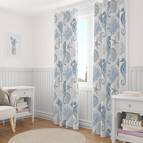 weesire Nautical Coastal Curtains Decorative Beach Ocean Seahorse Coral 50% Light Blocking Sea Darkening Grommet Curtain for Villa Living Room, Bedroom Navy Blue and White 2 Panels Set, 52x84 Inches thumbnail 6