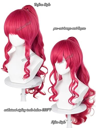 Half and Half Red Pink Pony Cosplay Wig with Bangs 27.5'' Long Curly Cute Pony Costume Wigs Rose Red Ponytail Wig for Women Halloween Party Daily thumbnail 4