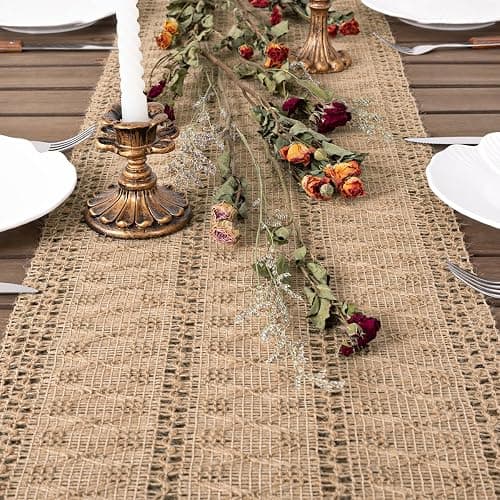 Socomi Boho Table Runner Fall Thanksgiving Farmhouse Burlap Jute Bamboo Rustic Dining Kitchen Centerpiece Decor Small Macrame Woven Coffee Table Runner for Dresser Scarf Home Decor 12x72 inch thumbnail 2