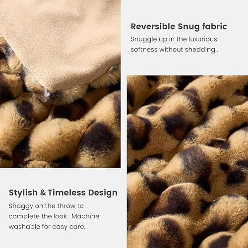 Cozy Bliss Cheetah Leopard Print Faux Fur Throw for Couch, Fuzzy Soft Plush Thick Bubble Blanket for Sofa Bedroom Living Room, 50x60 Inches Brown thumbnail 5