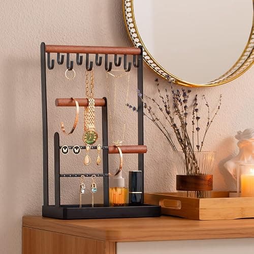 ProCase Jewelry Stand Holder Organizer, 4-Tier Necklace Holder with Ring Tray, 10 Hooks Necklaces Hanging Small Jewelry Display Storage Tower Tree for Bracelets Earrings Watches -Medium, Black thumbnail 2