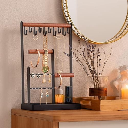 ProCase Jewelry Stand Holder Organizer, 4-Tier Necklace Holder with Ring Tray, 10 Hooks Necklaces Hanging Small Jewelry Display Storage Tower Tree for Bracelets Earrings Watches -Medium, Black thumbnail 3