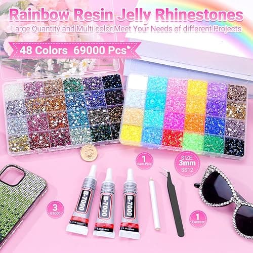 Atifober 69000Pcs 48 Colors Bedazzler Kit with Rhinestones and Tools, 3mm Bling Bedazzle Gems for Crafting Flat Back Crystal Resin Jelly Rhinestones with 3pcs B7000 Glue for Book Clothes Shoes Decor thumbnail 2