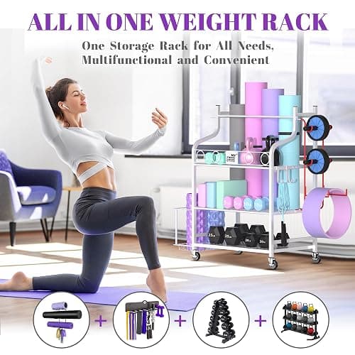 Mythinglogic Yoga Mat Storage Racks,Home Gym Storage Rack for Dumbbells Kettlebells Foam Roller, Yoga Strap and Resistance Bands, Workout Equipment Storage Organizer With Hooks and Wheels thumbnail 3