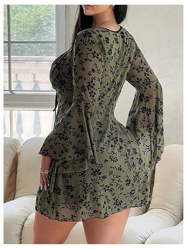 Floerns Women's Plus Size Floral Gothic Dress Flare Long Sleeve Mesh Grunge A Line Dress thumbnail 2