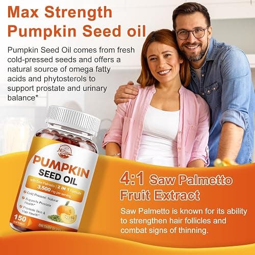 Pumpkin Seed Oil with Saw Palmetto, 3500mg Max Strength per Serving, 150 Softgels, Cold-Pressed with Essential Fatty Acids & Phytosterols, Supports Immune, Hair, Bladder & Prostate Health thumbnail 5