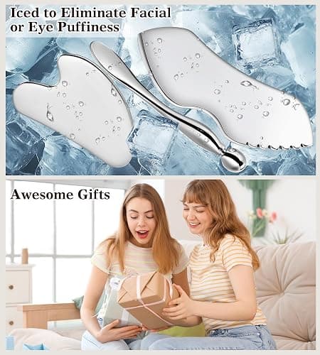 Gua Sha Facial Tools, 3 in 1 Stainless Steel Metal Guasha & Eye Cream Applicator Facial Sculpting Tool Set Eye Massager Lymphatic Drainage for Face Neck (Gift Box Set)(Boxed 2, Count, 3) thumbnail 7