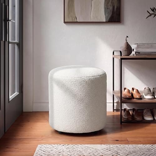 gusohey Modern Round Vanity Stool, Small Ottoman, Cute Fabric Foot Stool, Teddy Fleece Footrest, Upholstered Vanity Chair, Stool for Makeup, Bedroom, Living Room (1, Round-White) thumbnail 5