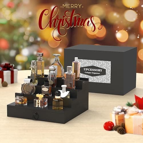 upcessory Cologne Organizer for Men, 4 Tier Black Wood Perfume Organizer with Felt Lining Drawer and Hidden Compartment, Perfume Display Holder, A Gift for Men thumbnail 2