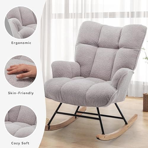 SAETSFEG Rocking Chair Nursery Teddy Upholstered Glider Rocker Rocking Accent Chair Padded Seat with High Backrest Armchair Comfy Side Chair for Living Room Bedroom Offices (Grey Teddy) thumbnail 6