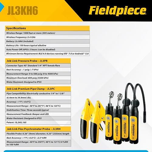 Fieldpiece - Job Link System HVACR Wireless Probe Kit - JL3KH6 - Fast Accurate Temps with Rapid Rail Technology - HVAC Tools with Padded Case thumbnail 4
