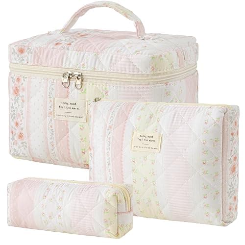 ⭐️HBselect Quilted Makeup Bag, 3Pcs Cotton Large Travel Makeup Bags Organizer | Cute Floral Make up Bag Cosmetic Bag Toiletry Bag for Women Girls, Makeup Pouch for Skincare, Brushes & Travel Essentials - Image 1