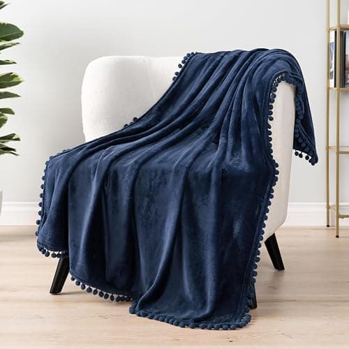 PAVILIA Fleece Throw Blanket for Couch with Pom Pom Fringe, Navy Blue, Soft Cozy Fuzzy Flannel Blanket for Sofa Bed, Lightweight Plush All Season Throw, 50x60 Inches - Image 1