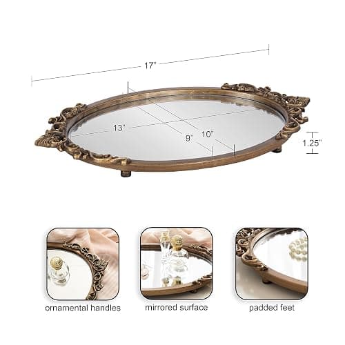 Kate and Laurel Arendahl Vintage Oval Mirrored Decorative Tray; 17 x 10; Antique Gold; Traditional Ottoman Tray for Living Room Home Decor with Ornate Detailing thumbnail 3