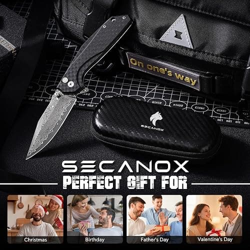 SECANOX Damascus Pocket Knife, 3.35" Sharp Damascus Steel Blade Folding Knives with G10 Handle, EDC Knifes for Men Camping Hiking thumbnail 7