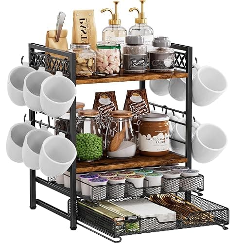 Plaviya Coffee Bar Organizer Coffee Station K Cup Holder for Countertop | 30 Coffee Pods Organizer, Mug Holder with 12 Hooks, 2 Drawers, Multifunctional, Kitchen, Dining Room, Office, Rustic Brown - Image 1