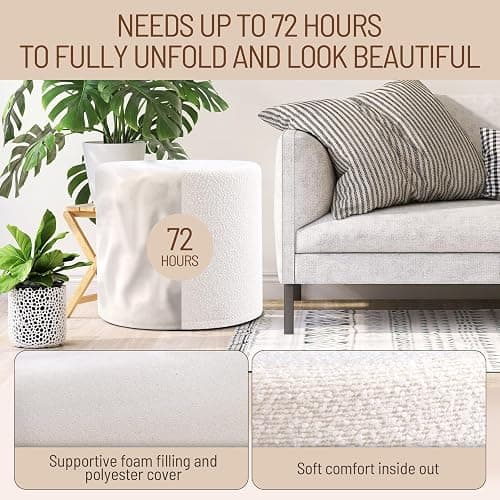 KKdema White Round Ottoman Foot Rest Stool – Clean Boucle Fabric Footstool with Soft Foam Filling, Lightweight Modern Pouf for Minimalist Living Room, Bedroom, Office – Pure White thumbnail 4