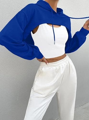 Hilinker Women's Long Sleeve Cropped Hoodie Workout Drawstring Super Crop Tops without Camisole thumbnail 4