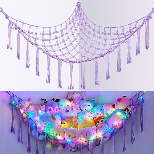 Basumee Stuffed Animals Net or Hammock with LED Light, Hanging Stuffed Animals Storage Toy Hammock Net Corner Wall Girls Room Decor Toy Storage Organizer, Purple, L - Image 1
