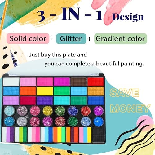 Face Painting Kit for Kids, 42 Colors Professional Face Paint Makeup Kit Non-Toxic Water Activated Facepaint Palette with Brush, Stencil, Sponge, Gem, for Party Halloween Christmas (42 Colors) thumbnail 2