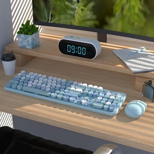 UBOTIE Colorful Wireless Keyboard and Mouse Combo (Blue-Colorful) | Retro Typewriter Floating Full-Sized Keys Computer Keyboard with Optical Mouse, 2.4GHz USB Connection for Windows Mac thumbnail 2