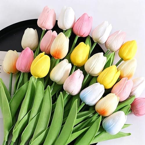 20 PCS Light Pink Artificial Tulips Flowers, 13.4" Lifelike PU Fake Tulips for Outdoors & Indoors, Faux Flowers with Real Touch Texture for Easter Decorations, Home, Living Room and Spring Decor. thumbnail 7