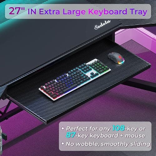 Sedeta Gaming Table with LED Lights, L-Shaped Keyboard Tray & Monitor Stand, Headphone Hooks, Cup Holder, Black thumbnail 7