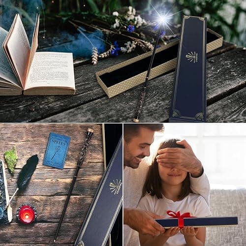 ChampWe Light Up Magic Wizard Wand Rechargeable Illuminating Toy for Kids Witch Collection Cosplay Accessories with Spellbook and Gift Box (Foliage) thumbnail 6