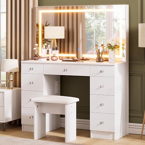 SMOOL Vanity with Mirror and Lights - Vanity Desk with Power Outlet and 9 Drawers, 3 Color Lighting Modes, Adjustable Brightness, Makeup Vanity with Soft Cushioned Stool for Bedroom, White 43Inches - Image 1