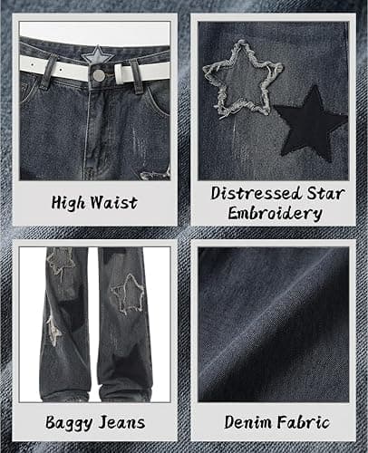 Lafaguw Star Jeans for Women Girls High Waisted Cute Patchwork Y2K Pants | Girls Baggy Jeans,Women Preppy Y2K Pants,Loose Straight Leg,Frayed Star Patchwork,Retro Washed thumbnail 6
