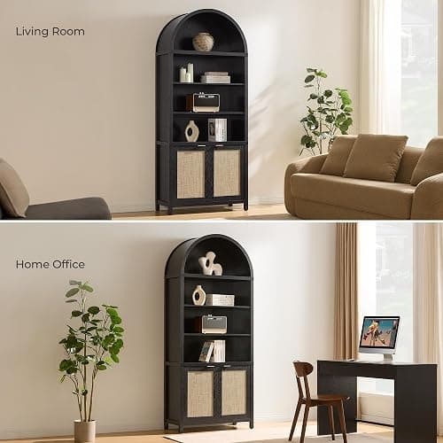 SICOTAS Book Shelf Arched Cabinet Bookshelf Arch 84.2" Tall Bookcase 5 Tier Large Bookshelves with Doors Storage Rattan Boho Wide Book Shelves Case for Living Room Kitchen Office Bedroom Library thumbnail 6
