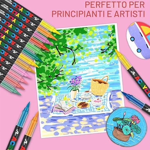 Bonala 72 Pennarelli Acrilici a Punta Pennello – Set di 72 Colori, Impermeabili e ad Asciugatura Rapida, per Sassi, Tessuti, Legno, Vetro, Ceramica, Metallo, Tela e Plastica thumbnail 6