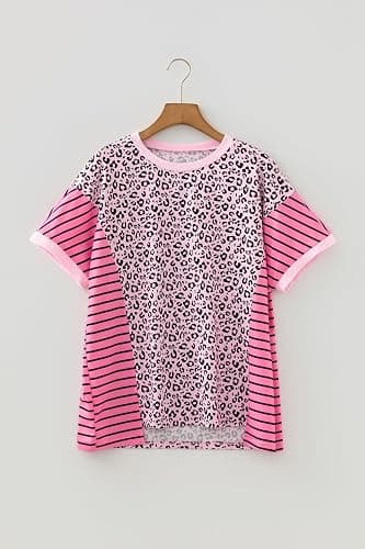 Mazulun Striped Leopard Sweatshirt for Women Color Block Patchwork Drop Shoulder Side Slit Pullover Shirt Tops thumbnail 3