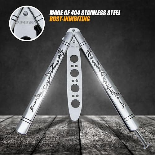 VORNNEX Practice Butterfly knife Trainer with Sure Spring Latch, Full Stainless Steel Black Dull Balisong, Unsharpened Butterfly knives Comb for CSGO Training(Silver) thumbnail 6