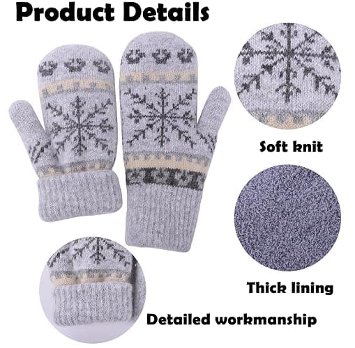 Winter Warm Mittens for Women Men - Soft-Double Layer-Snowflake Cold Weather Stretch Thick Lining Knitted Gloves thumbnail 2