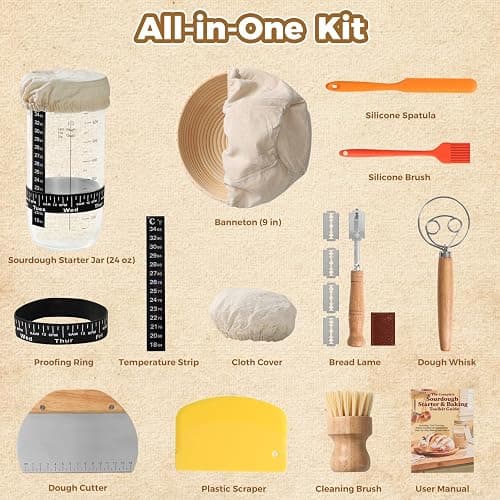 Complete Bread Proofing Basket Kit | All-in-One Set with Banneton(9 in), Sourdough Starter Jar Kit, Bread Lame, Dough Scraper, Whisk, Cutter & Tools thumbnail 2