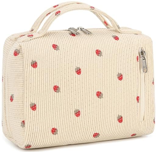 Bluboon Makeup Bag Zipper Pouch Travel Toiletry Bag Portable Cosmetic Bag Organizer for Women and Girls(Strawberry Corduroy Beige) - Image 1