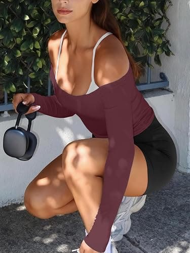 LASLULU Womens Sexy Off The Shoulder Long Sleeve Workout Tops Strapless T Shirts Crop Top Casual Fall Outfits thumbnail 3